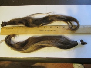 A ruler for reference. When the hair was stretched out, it was 15 inches long.